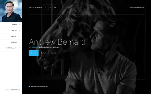 Andrew Bernard’s homepage: a black-and-white photo of him with a horse, next to his name