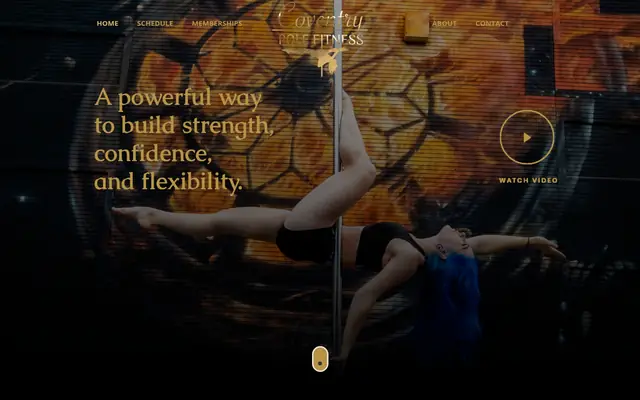 Coventry Pole Fitness homepage: gold lettering over a photo of a pole dancer