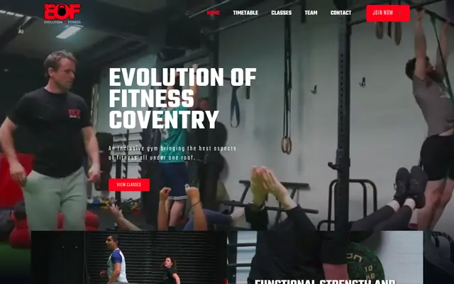 Evolution of Fitness homepage: the heading “Evolution of Fitness Coventry” over a dark gym photo