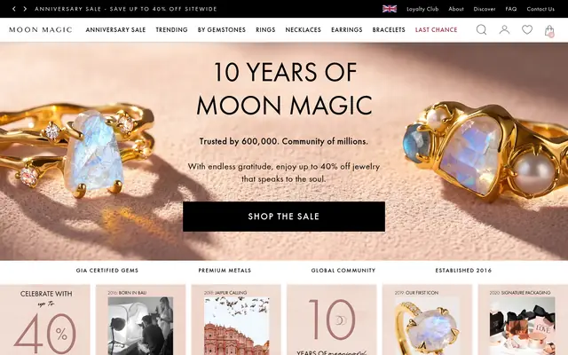 Moon Magic homepage: moonstone and opal rings with the heading “10 years of Moon Magic”