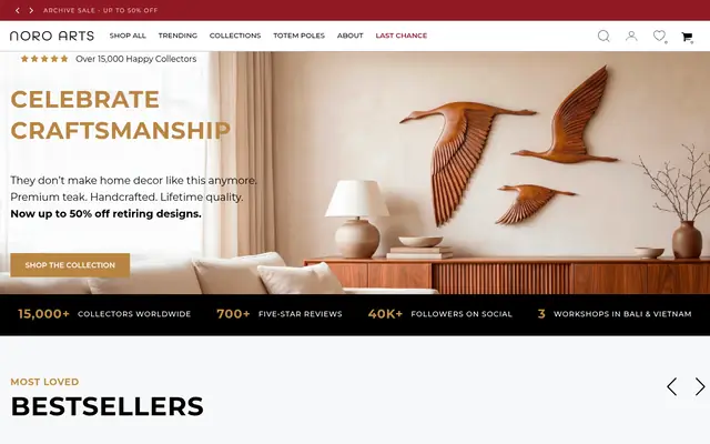 Noro Arts homepage: carved teak birds flying across a wall above a sideboard