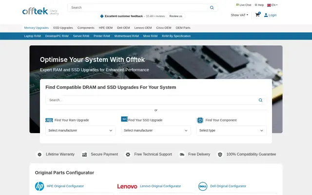 Offtek homepage: a search panel for finding compatible RAM and SSD upgrades