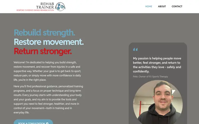 Rehab Trainer homepage with the headline “Rebuild strength. Restore movement. Return stronger.”