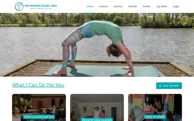 The Motorcycling Yogi homepage: a yoga teacher in a backbend on a lakeside jetty