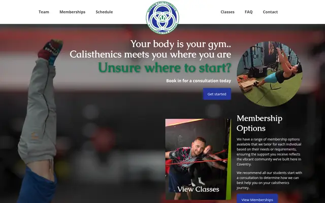 Urban Calisthenics homepage with the headline “Your body is your gym”